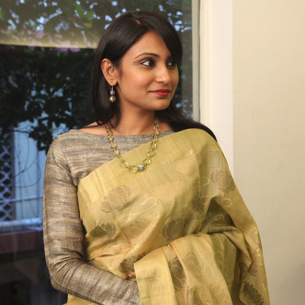 Padma Paaduka Handwoven Beige Khadi Tussar Sari with Entwined Lotus 280511451