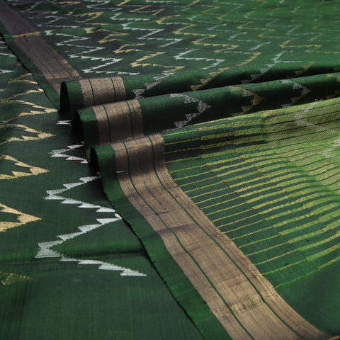 Padma Paaduka Handwoven Bottle Green Uppada Silk Sari with Silver Gold Waves 470510171