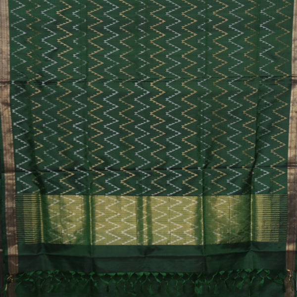 Padma Paaduka Handwoven Bottle Green Uppada Silk Sari with Silver Gold Waves 470510171