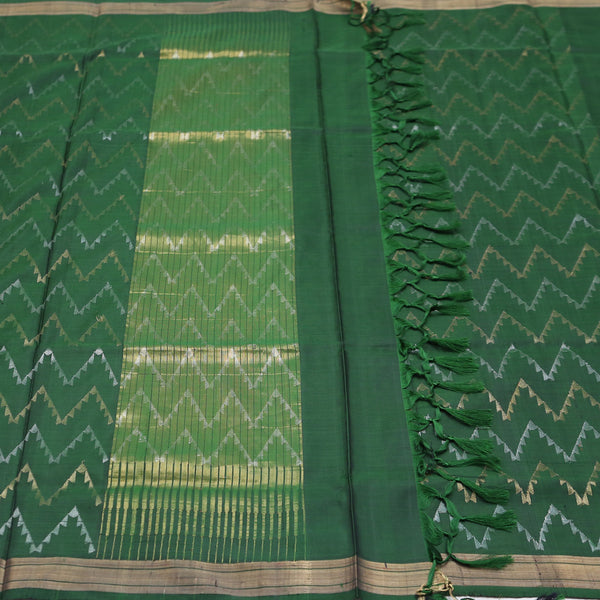 Padma Paaduka Handwoven Bottle Green Uppada Silk Sari with Silver Gold Waves 470510171