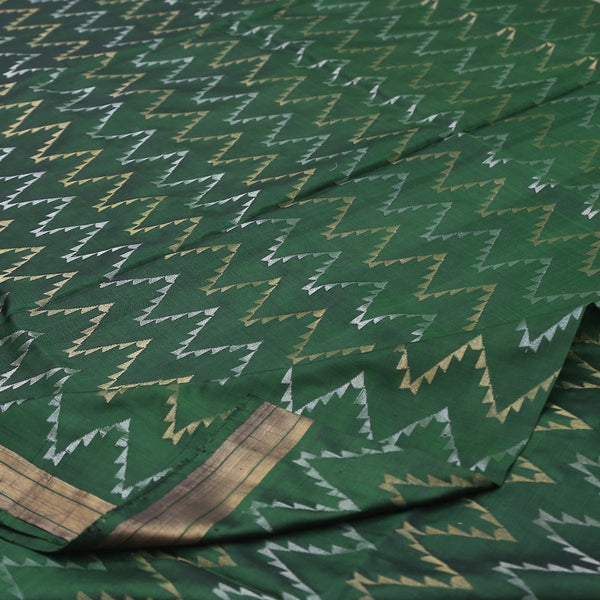 Padma Paaduka Handwoven Bottle Green Uppada Silk Sari with Silver Gold Waves 470510171